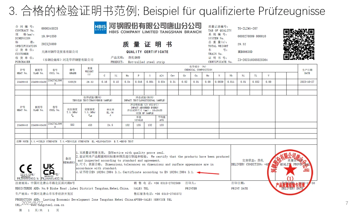 Beispiel: ein konformes Materialzertifikat.