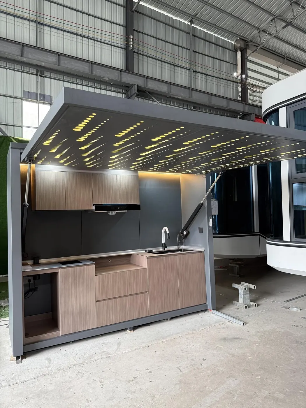 One of the sample outdoor kitchens at the factory.