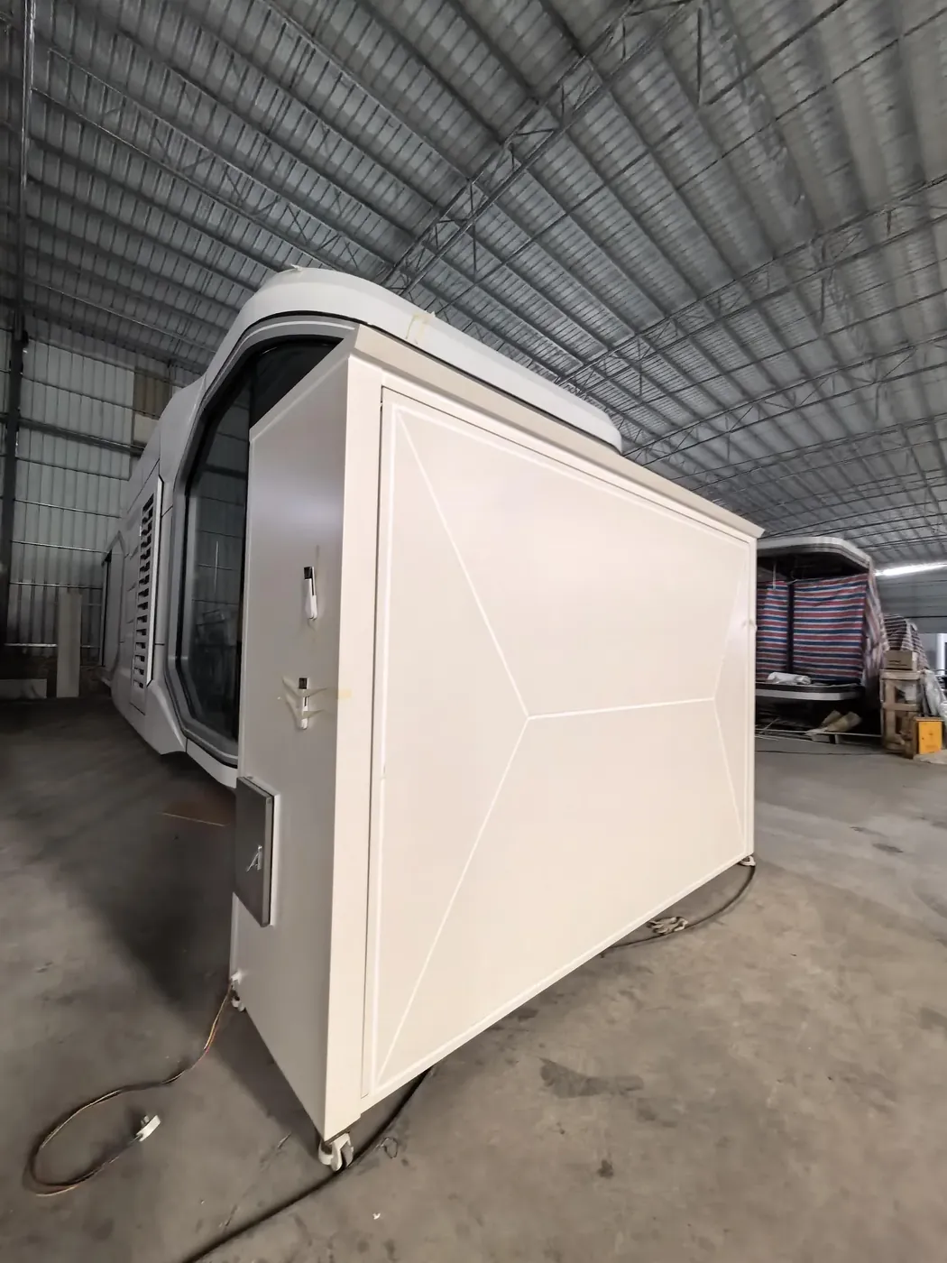Another sample outdoor kitchen at the factory, shown in the closed position.