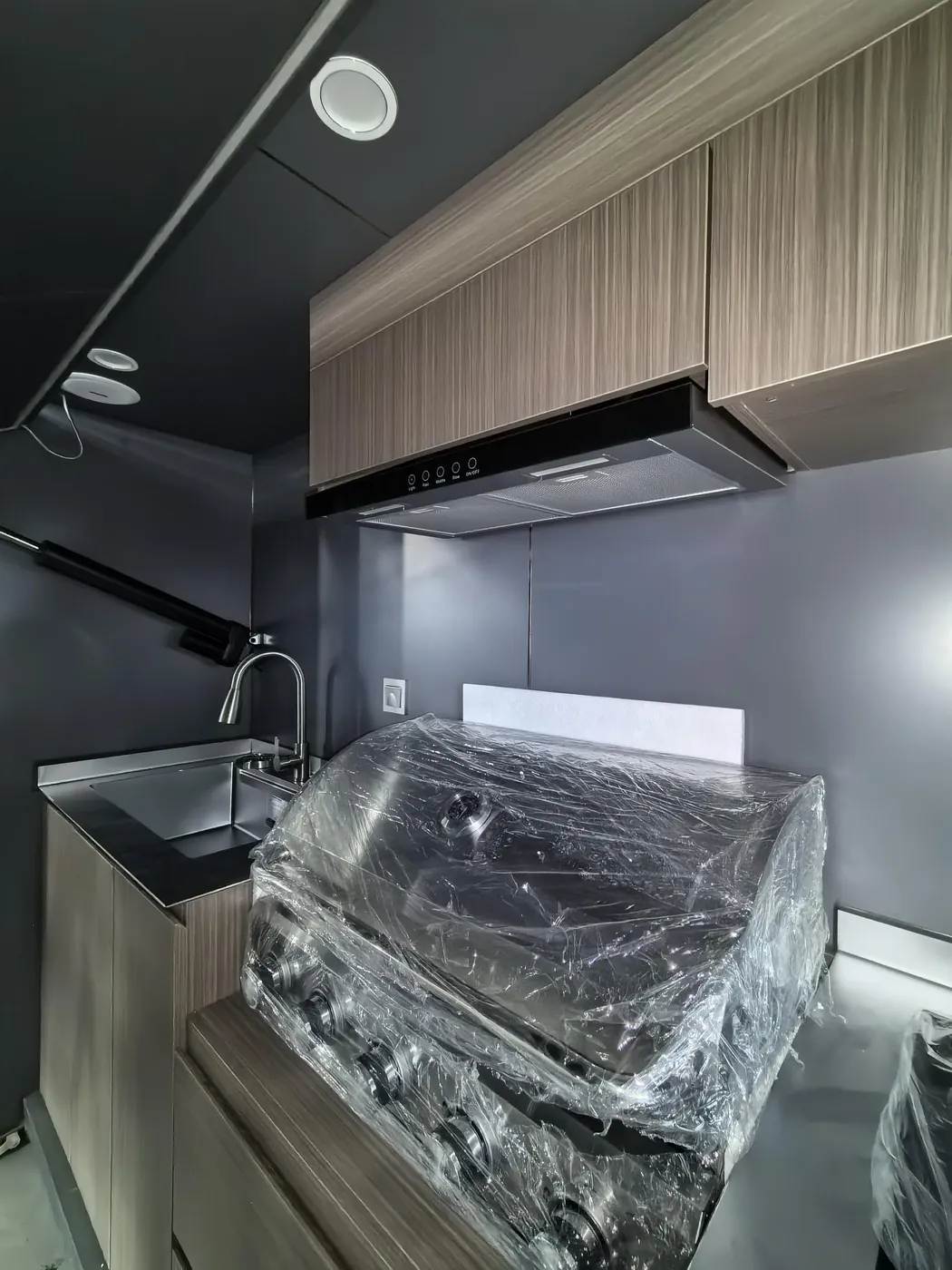 The ordered outdoor kitchen is completed. It includes a barbecue grill, induction cooktop, range hood, mini refrigerator, outdoor Bluetooth speaker, stainless steel worktop, wireless charging pad with power outlets, and more.
